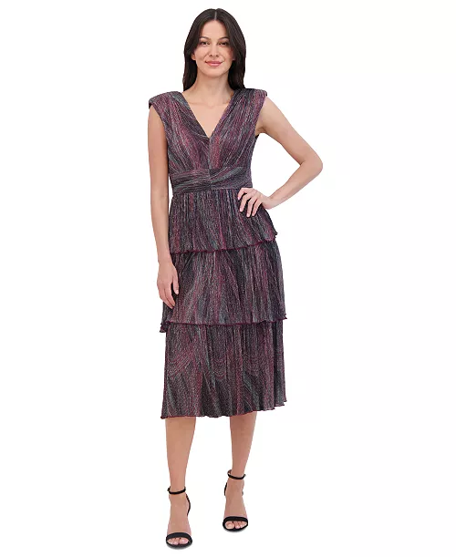 women's crinkled metallic-knit extended-shoulder tiered v-neck midi dress