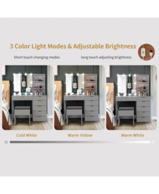 White Dressing Table Set with 6 Pumps, 2 Shelves, Mirror Cabinet & 3-Tone Light Bulbs