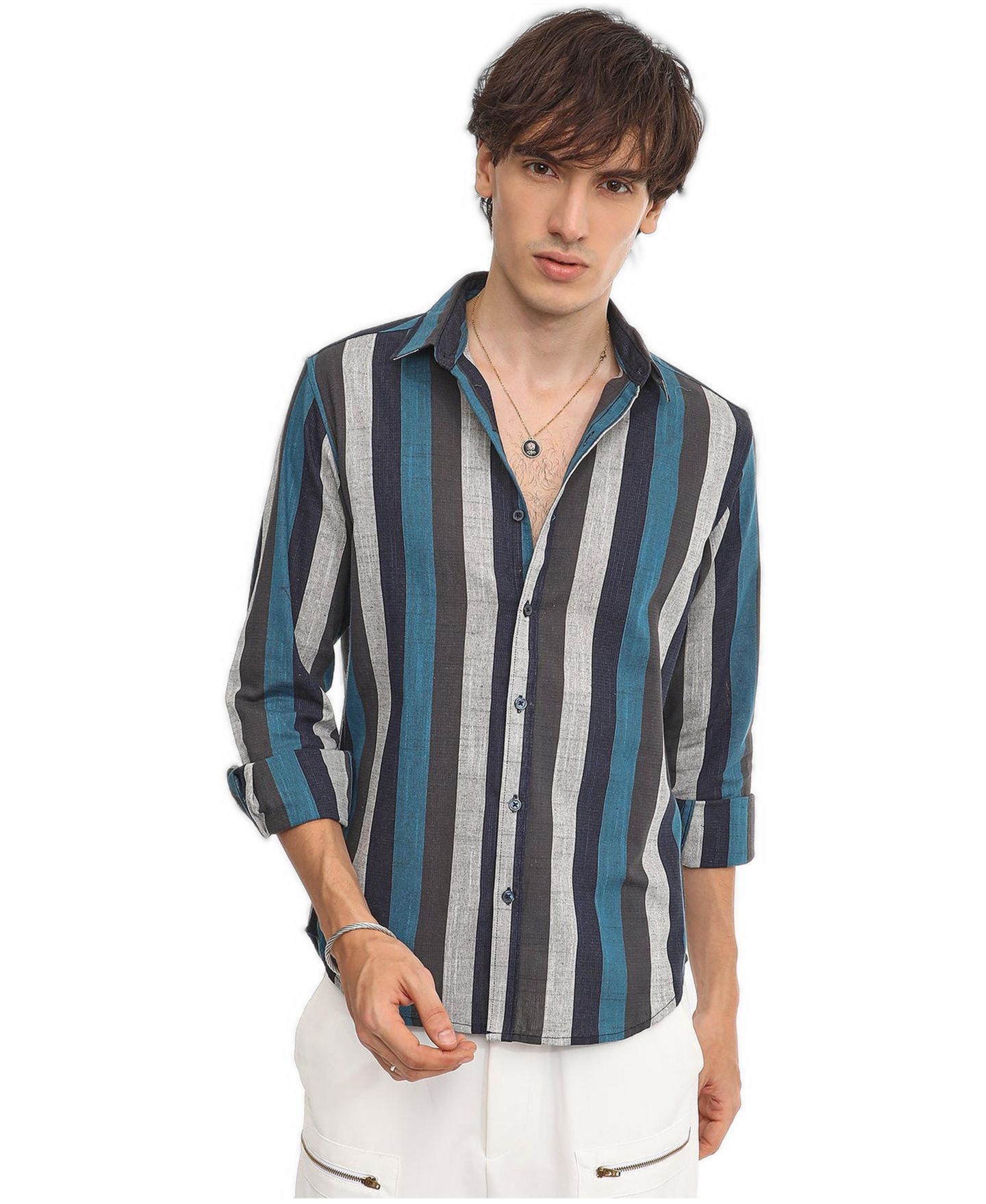 Мужская рубашка Cahoot Campus Sutra Navy Blue & Ash Grey Block-Striped, цвет: Синий — фото 1