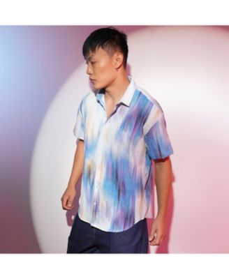 Men's Sky Blue & Ivory White Strokes-Textured Shirt