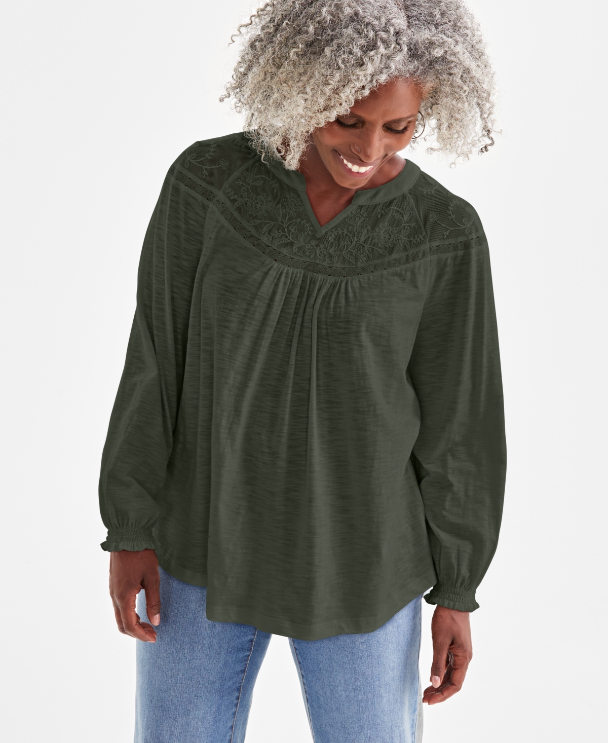 Style & Co Petite Mesh-trim Ruffled-cuff Top, Created For Macy's In Midnight Olive