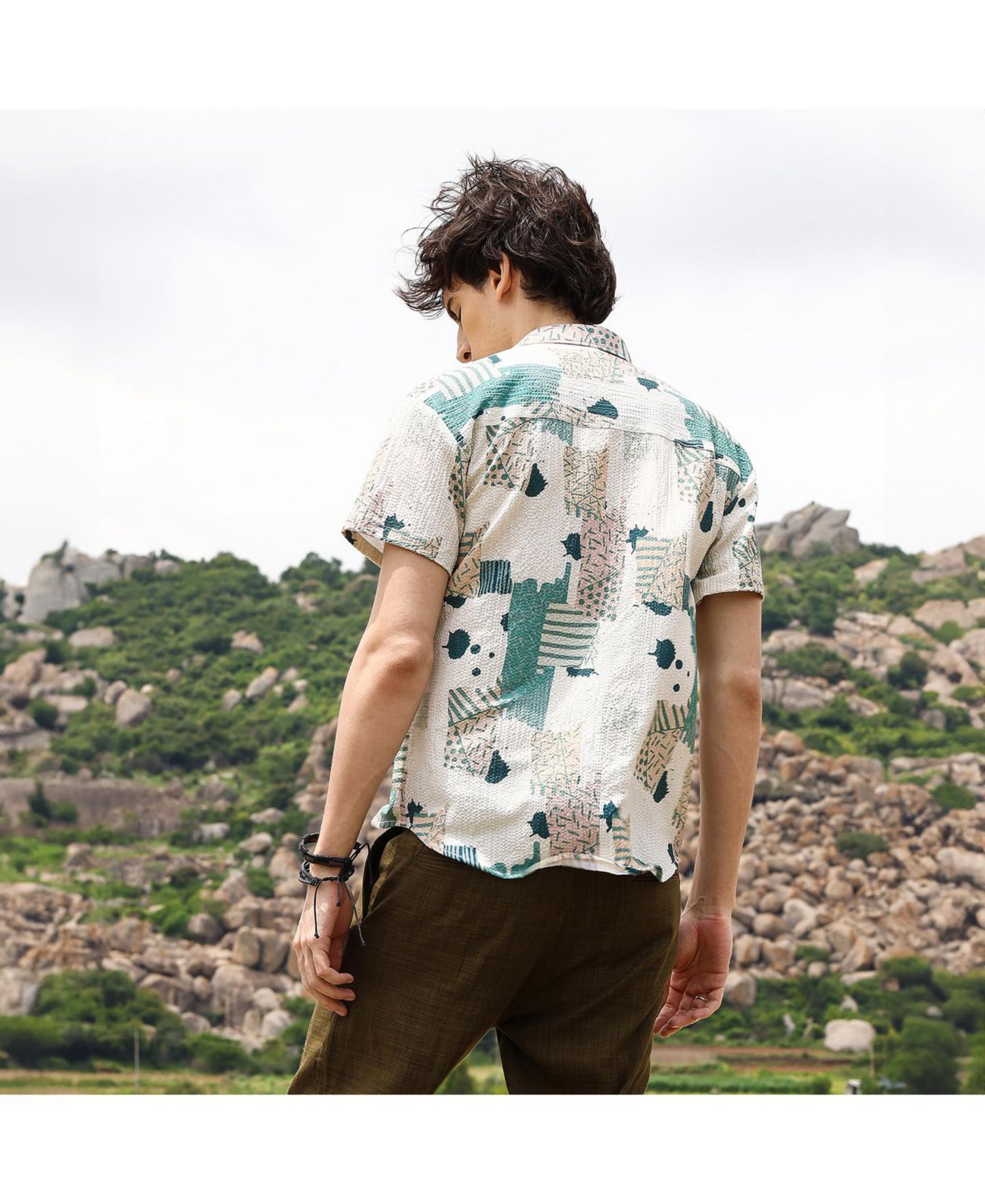 Мужская рубашка Cahoot Forest Green & Bone Beige Abstract Seersucker, цвет: Зелёный — фото 4