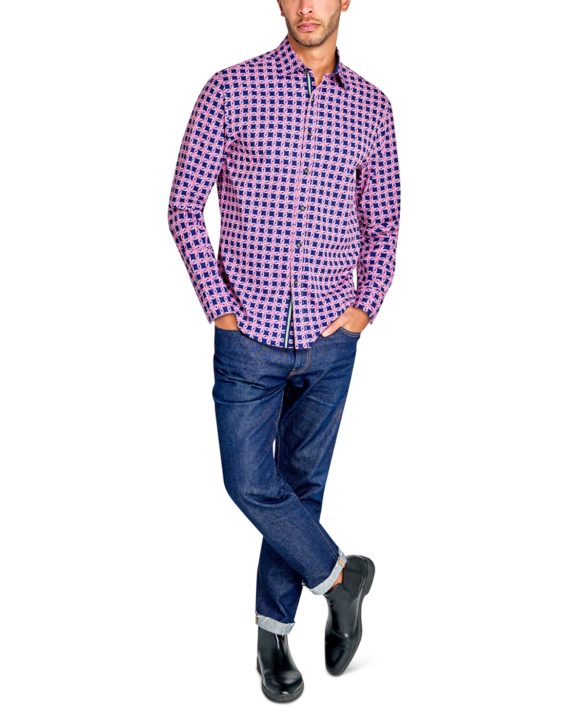 Society of Threads Men's Regular-Fit Non-Iron Performance Stretch Geo Print Button-Down Shirt