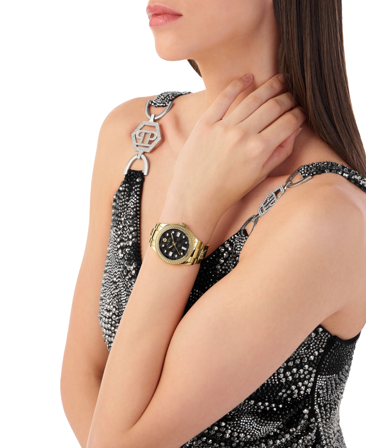 Philipp Plein Queen Crystal Watch With Black Guilloche Dial In Gold