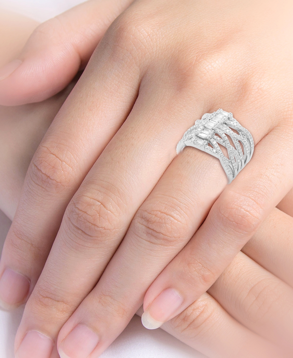 Macy's Diamond Round & Baguette Crossover Wide Statement Ring (1-3/4 Ct. T.w.) In 14k White Gold In White Gold