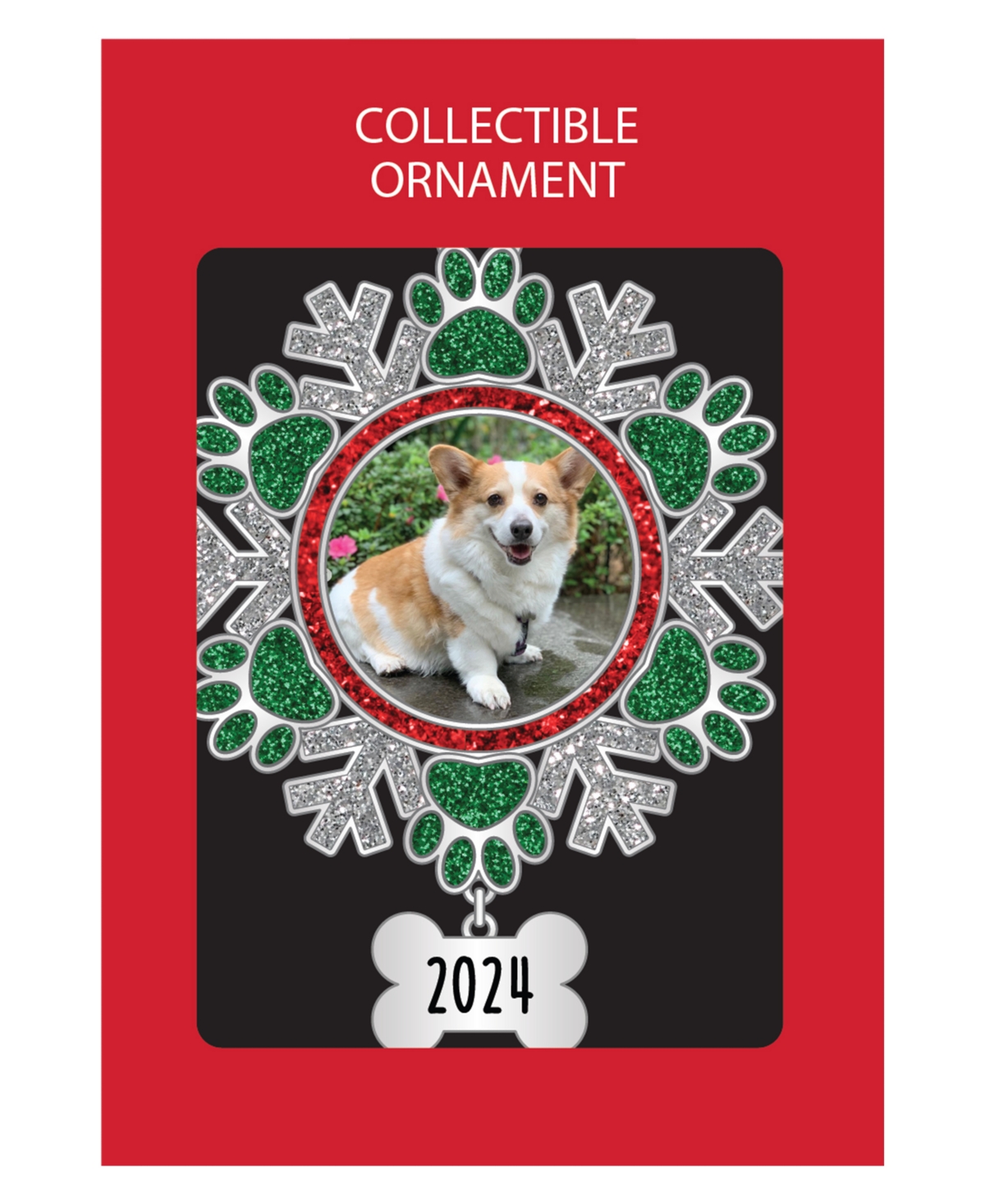 Ganz Paw Print Snowflake Frame with Dated 2024 Bone Dangle Sentiment Ornament - Red, Silver