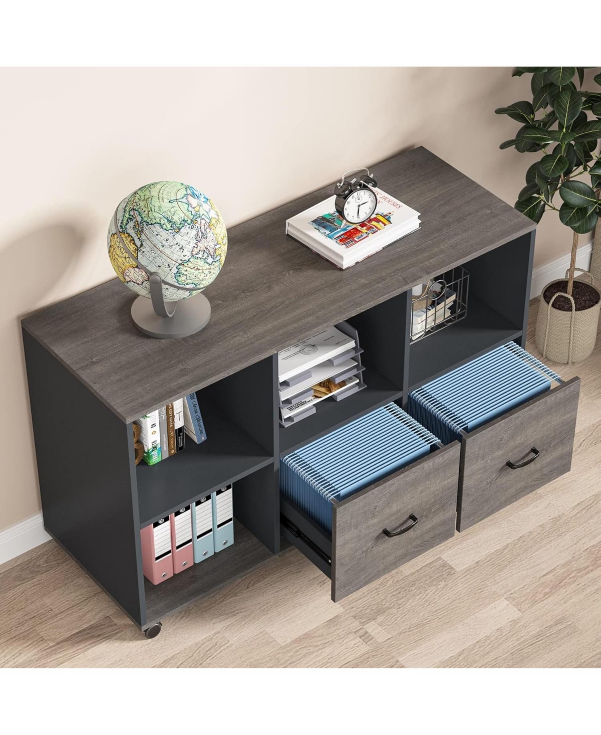 Tribesigns 2 Drawers Lateral File Cabinets, Home Office Mobile Wood Filing Cabinet Printer Stand with Wheels and Open Storage Shelves,Drawers