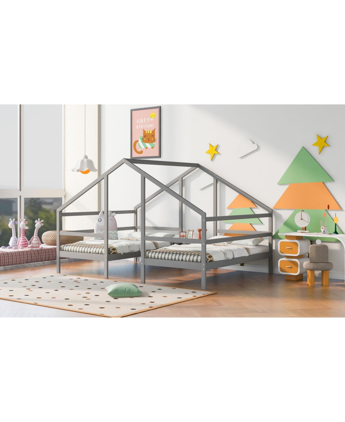 Slickblue Double Twin Size Triangular House Beds with Built-In Table for Kids' Room