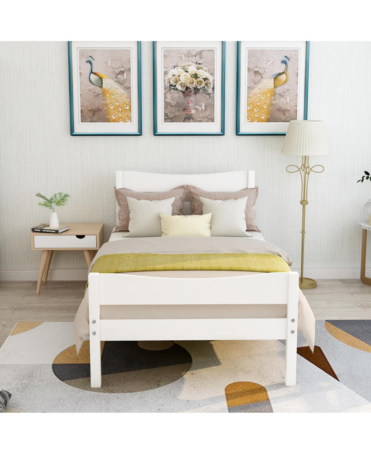 Slickblue Twin Size Wood Platform Bed with Headboard and Wooden Slat Support