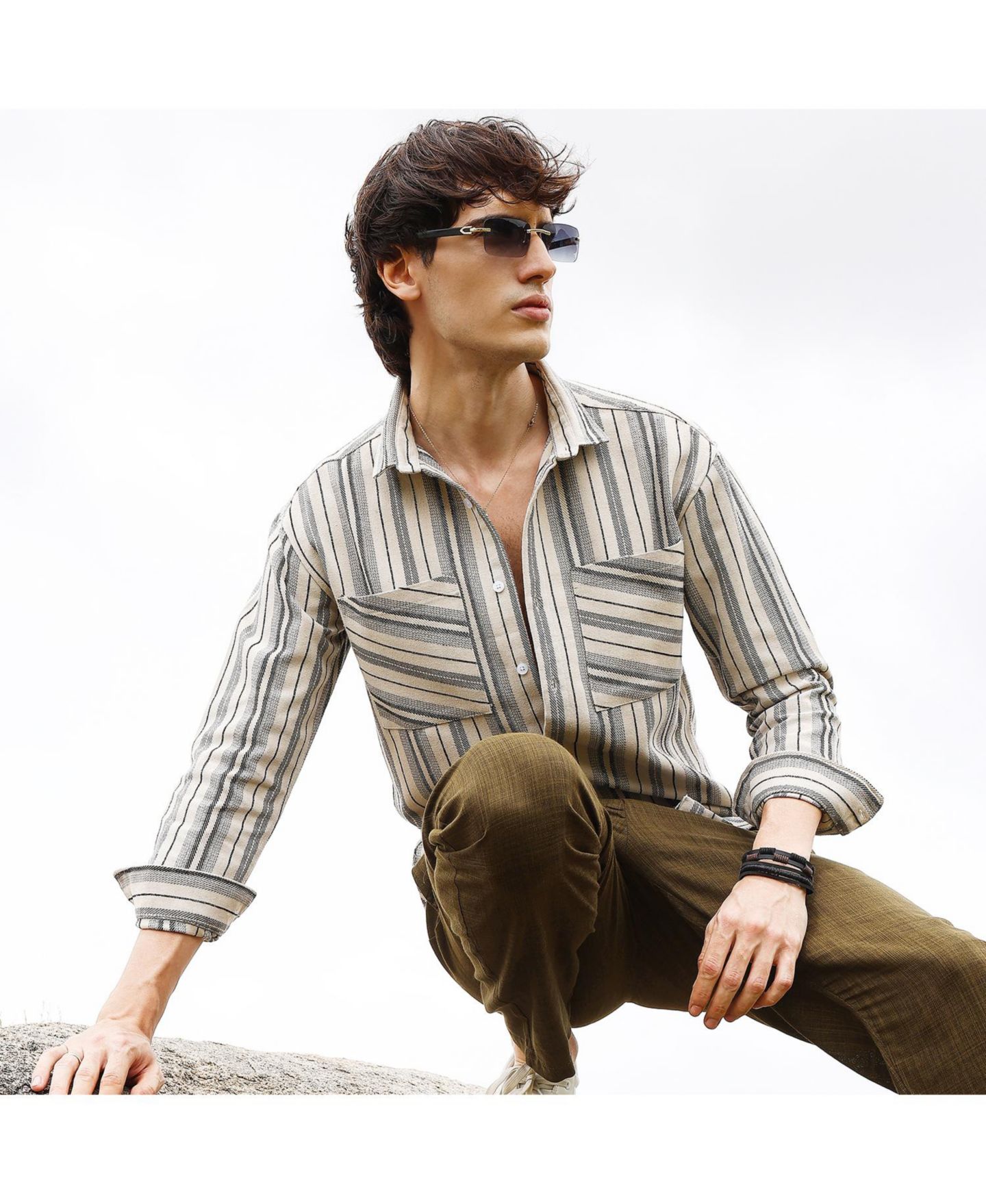 Мужская рубашка Cahoot Campus Sutra Bone Beige & Cloud Grey Multitrack Striped Oversized, цвет: Бежевый / Хаки — фото 3