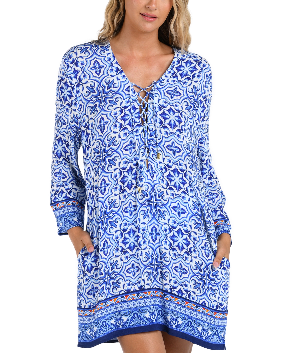 Shop La Blanca Women's Lace-neck Tunic Cover-up In Blue