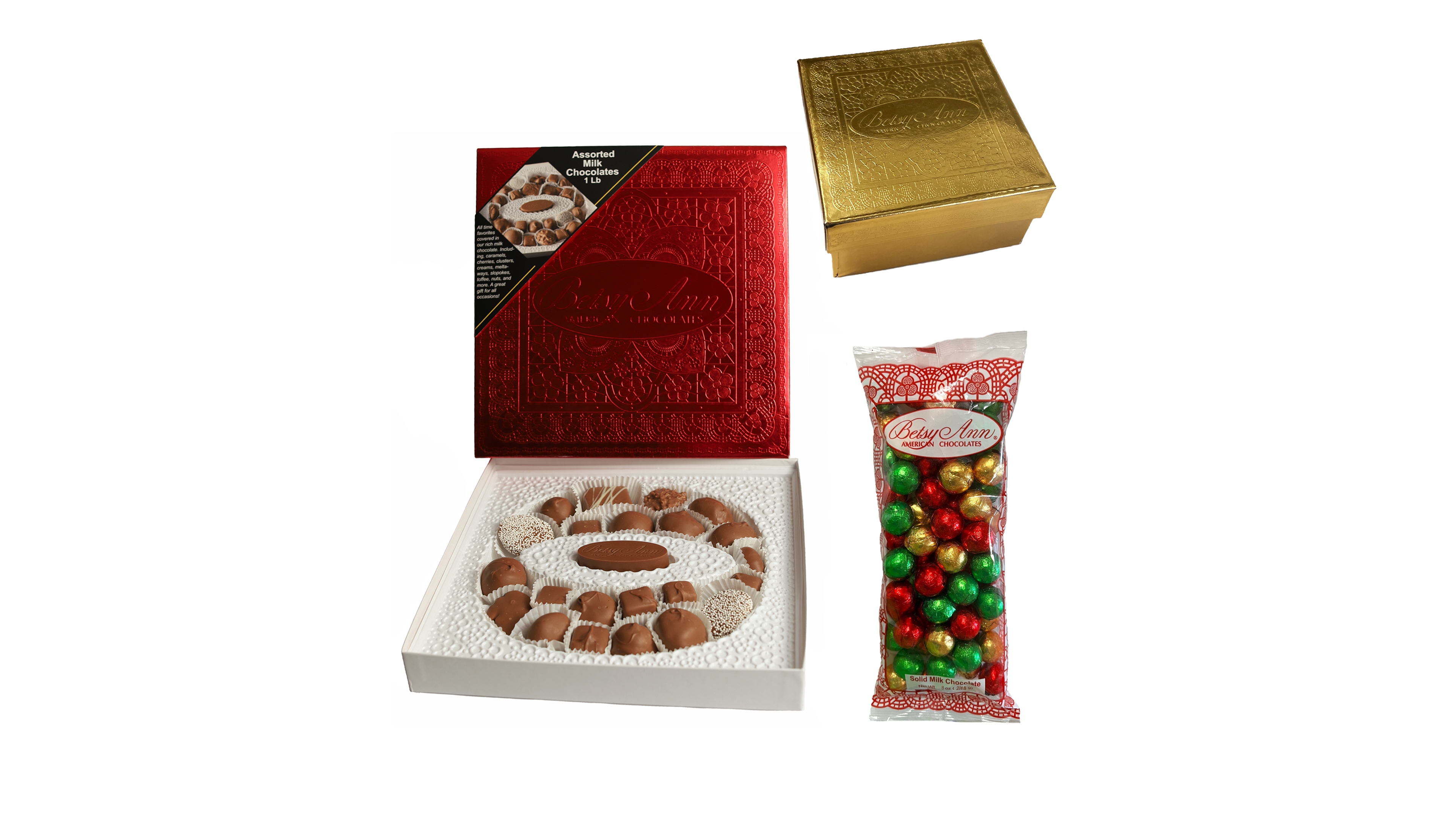 Betsy Ann Chocolates Holiday Milk Chocolate Assortment, Foil Christmas Balls, Boxed Milk Pretzels, 3 Piece Set