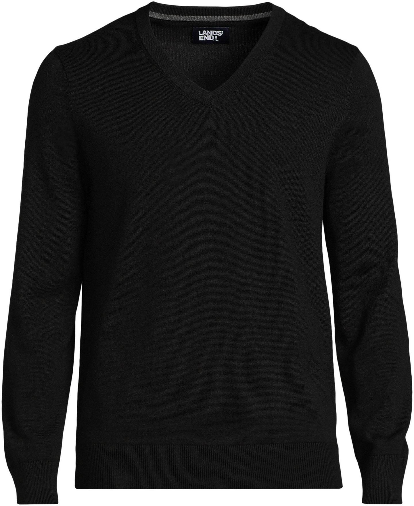 Мужской свитер Lands' End Fine Gauge Cotton V Neck, цвет: Чёрный — фото 2