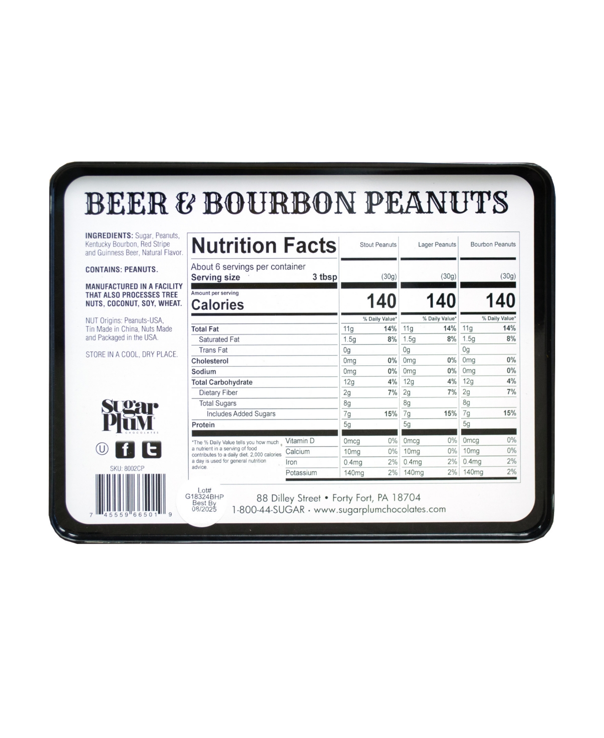 Sugar Plum Chocolates Beer Bourbon Liquor Peanuts Gift Tin, 16 Oz. In No Color