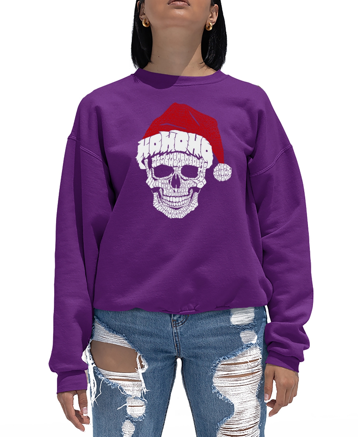 LA POP ART WOMEN'S SANTA SKULL WORD ART CREWNECK SWEATSHIRT 