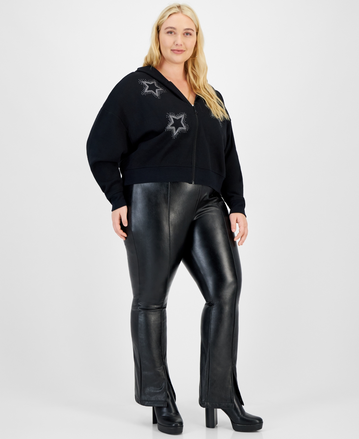 Grayson Threads, The Label Trendy Plus Size Rhinestone Star Hoodie In Black