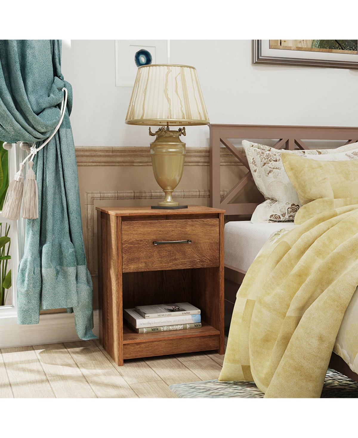 Gymax 2PCS Nightstand with Drawer Storage Shelf Wooden End Side Table Bedroom- Brown