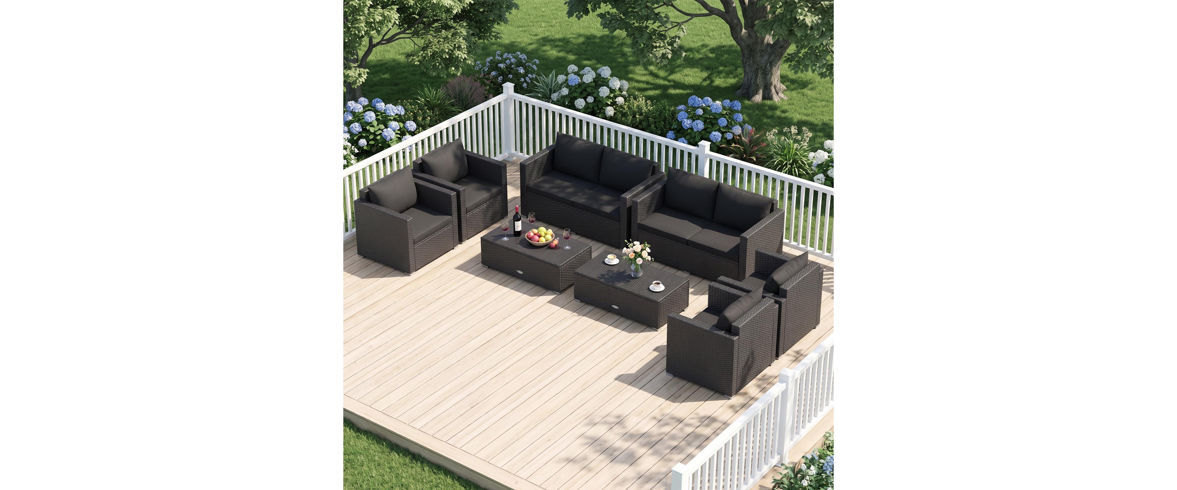 Costway 8PCS Patio Rattan Furniture Set Cushioned Sofa Chair Coffee Table Black