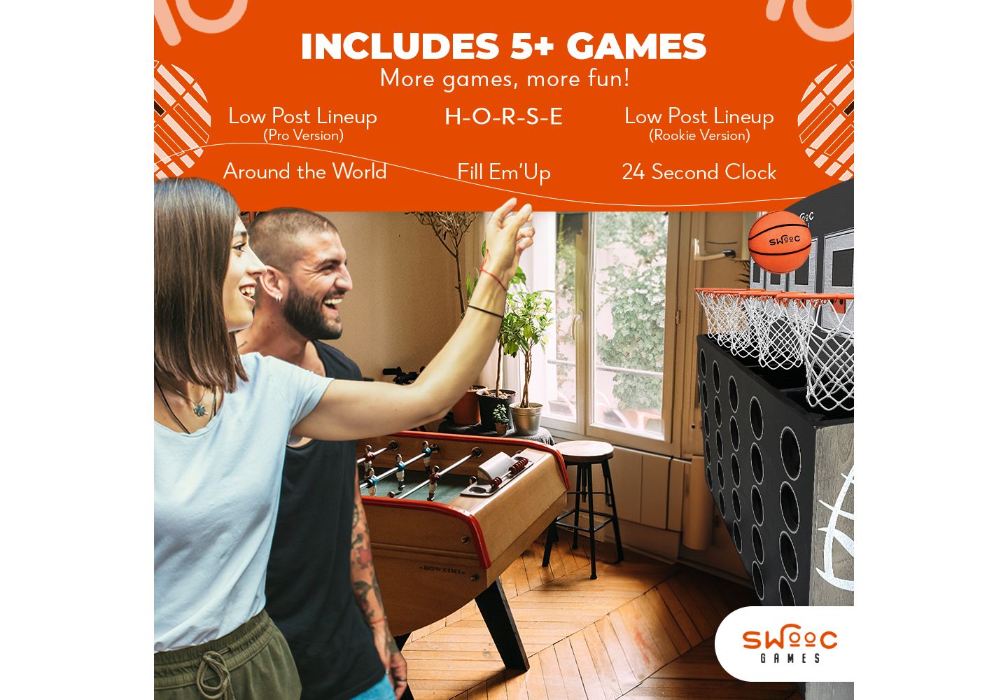 Детская настольная игра SWOOC Low Post Lineup Wall-Mounted Basketball 4 In A Row Board Game, Ages 3+ — фото 3