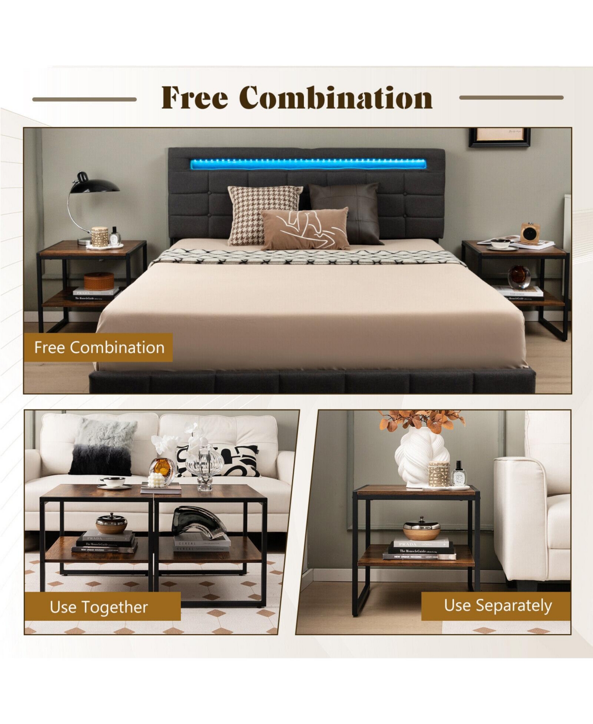 Gymax 2PCS 2-Tier End Side Sofa Coffee Table 20'' Square Table for Living Room Bedroom - Rustic brown+black