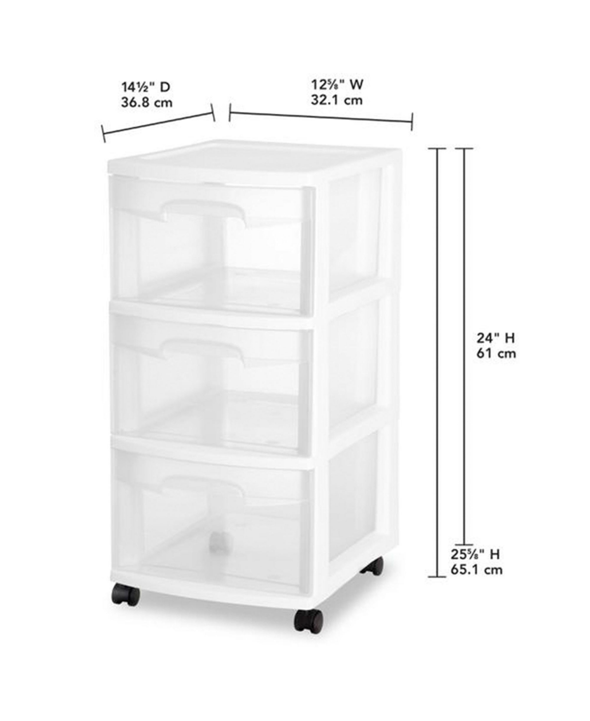 Sterilite 3 Drawer Storage Cart, Plastic Rolling Organizer with Wheels, 2 Pack