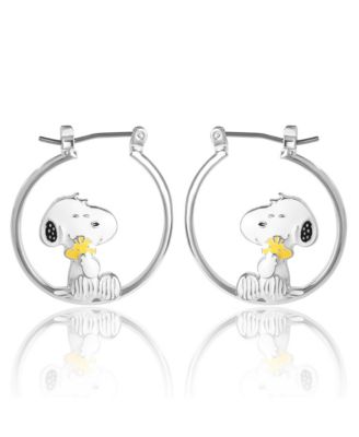 Snoopy Hugging Woodstock Enamel Hoop Earrings - Cute Cartoon Character Jewelry