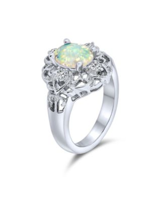 Oval Flower White Created Opal Full Finger Ring .925 Sterling Silver