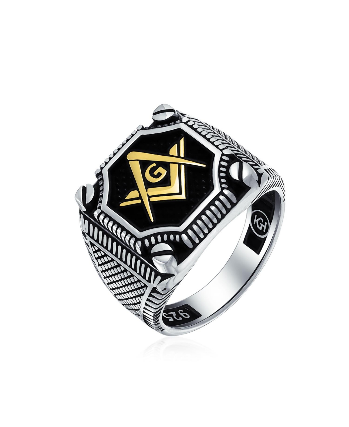 Bling Jewelry Black Large Freemason Masonic Signet Ring Solid .925 Silver - Gold-silver