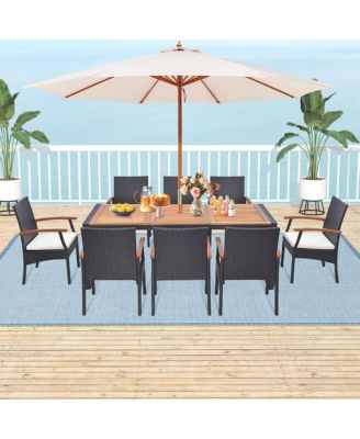 9 Pieces Patio Rattan Dining Set with Acacia Wood Table, 1.9" Umbrella Hole