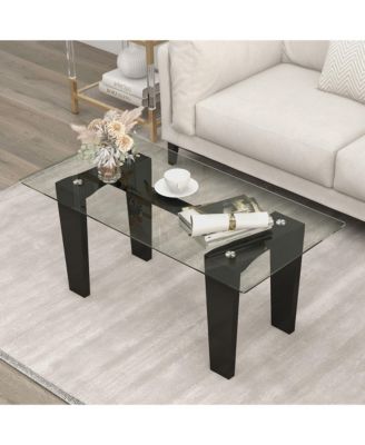 Rectangle Coffee Table Modern Tempered Glass Top Accent Table Black