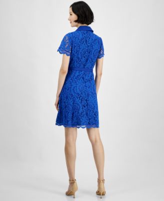 Tahari Petite Notch-Lapel Belted A-Line Lace Dress - Macy's