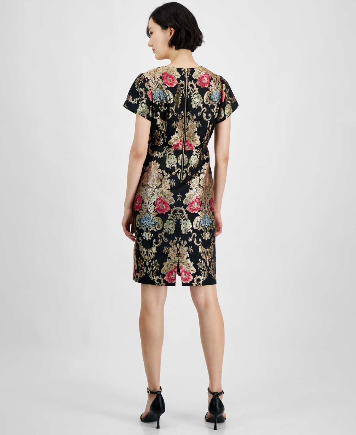 Tahari Petite Short-Sleeve Embellished Brocade Dress