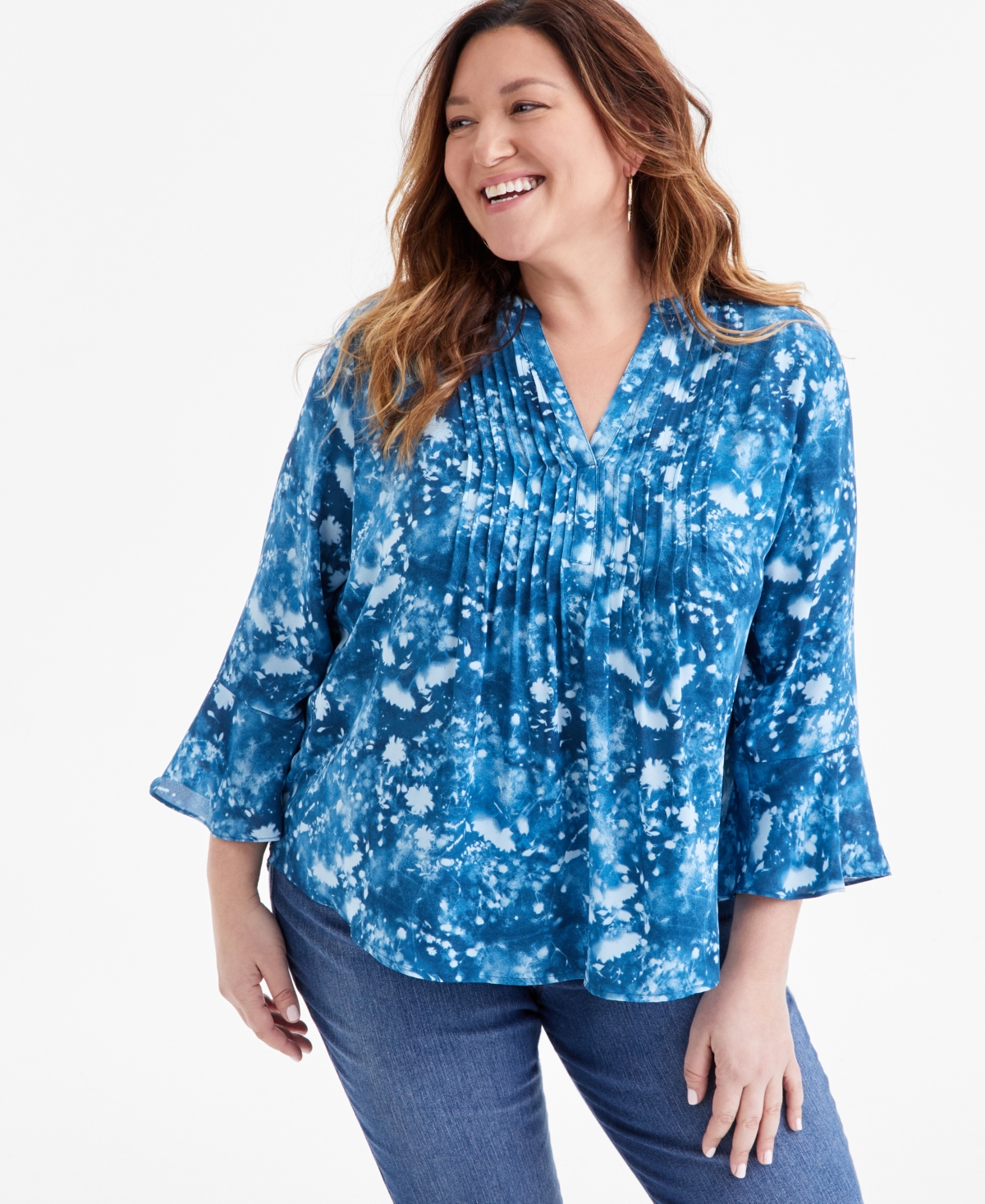 Macy's Plus Size Printed Pintuck Blouse, Exclusively At  In Sun Ocean