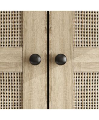 Brown Rattan Doors Wardrobe with 5-Drawers,2-Hanging Rods,Top Cabinet