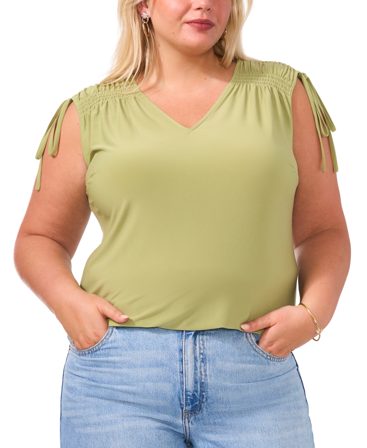 VINCE CAMUTO PLUS SIZE SOLID COLOR V-NECK SHIRRED SHOULDER TOP 