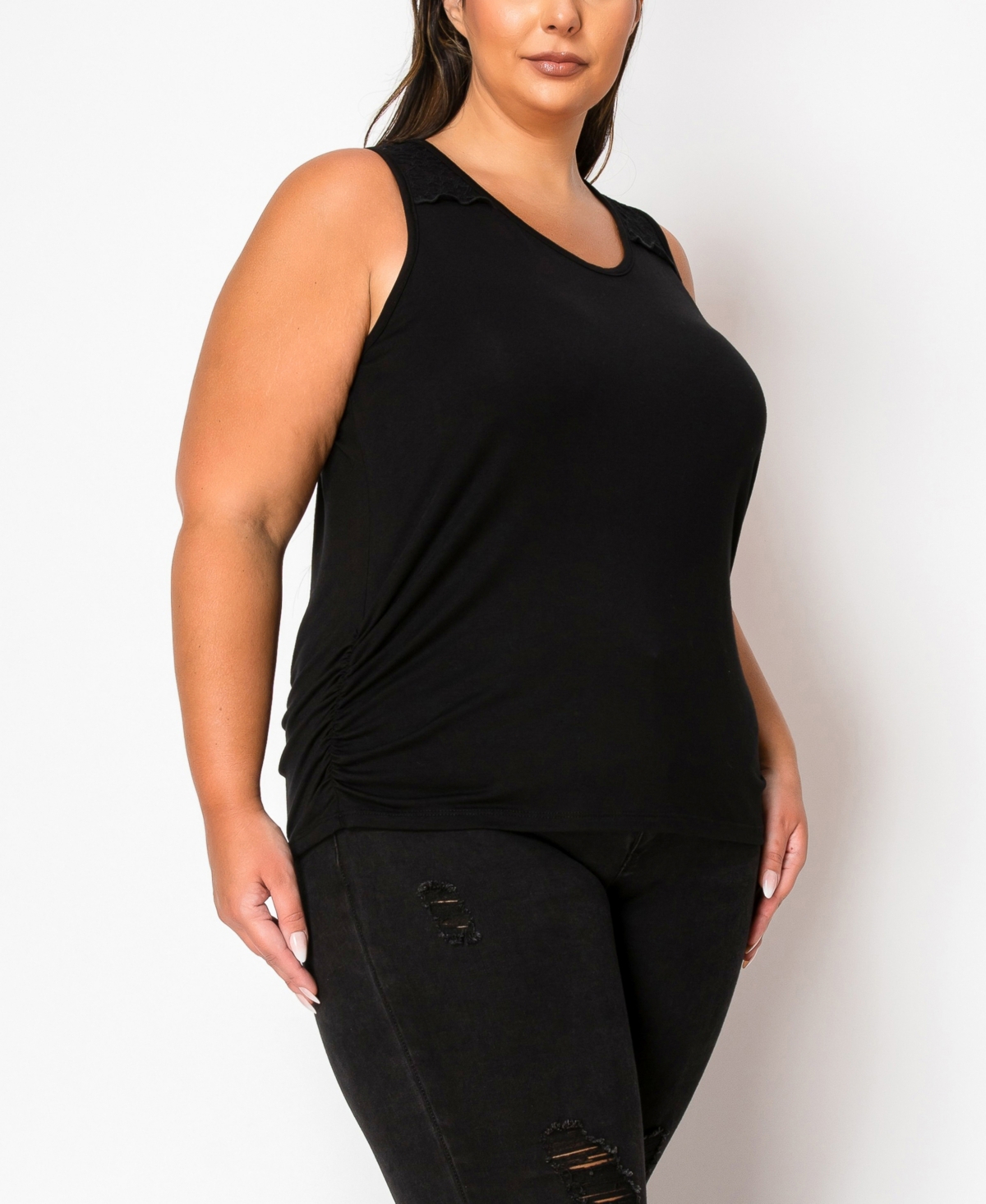 Coin 1804 Plus Size Lace Yoke V-Neck Side Ruched Tank Top