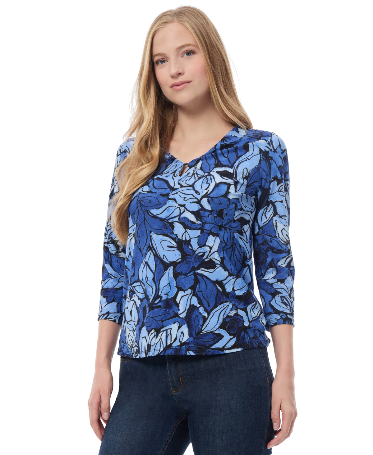 Jones New York Women's Printed Crepe V-Neck Keyhole Top