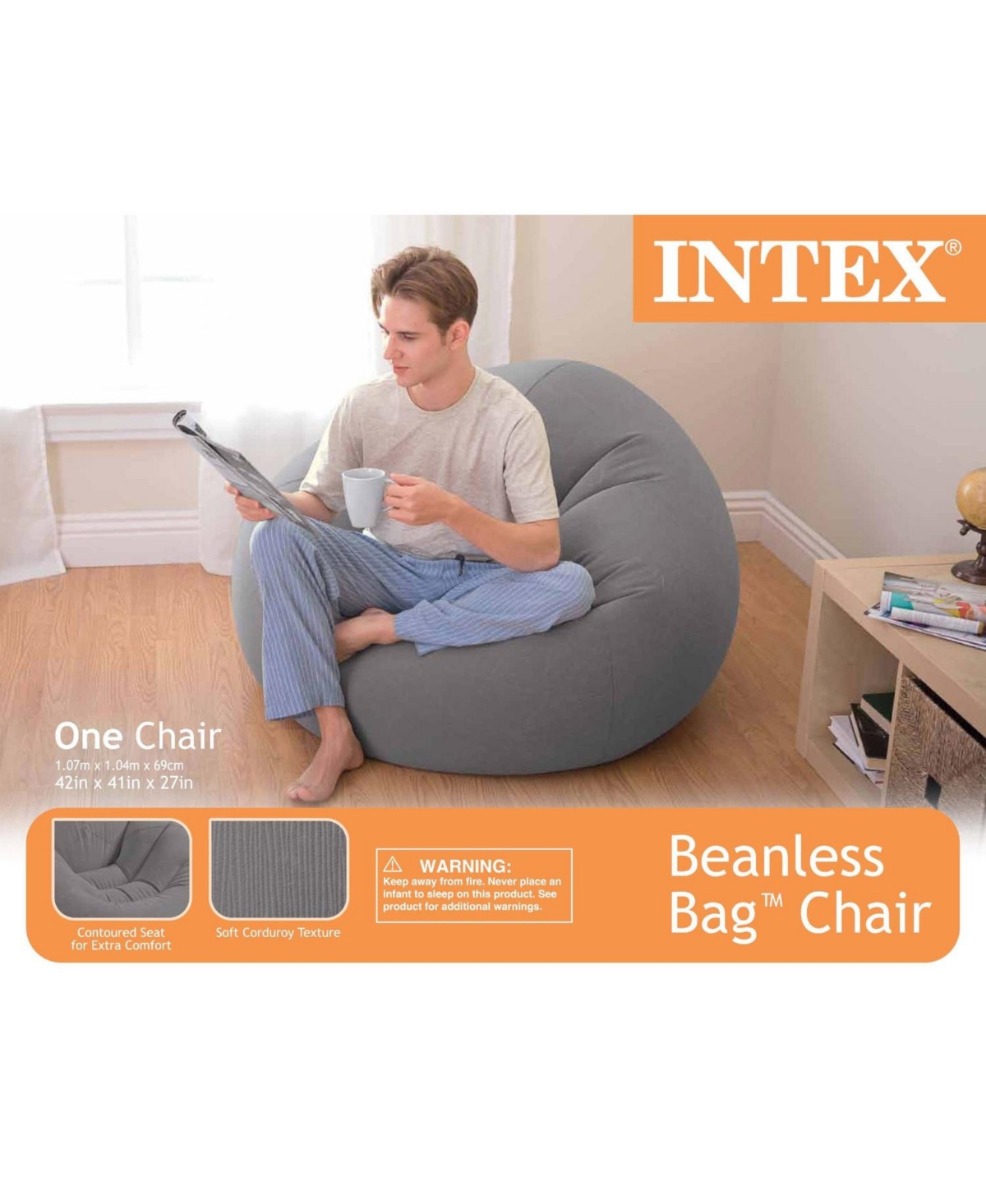 Intex Inflatable Contoured Corduroy Beanless Bag Lounge Chair,(4 Pack) - Gray