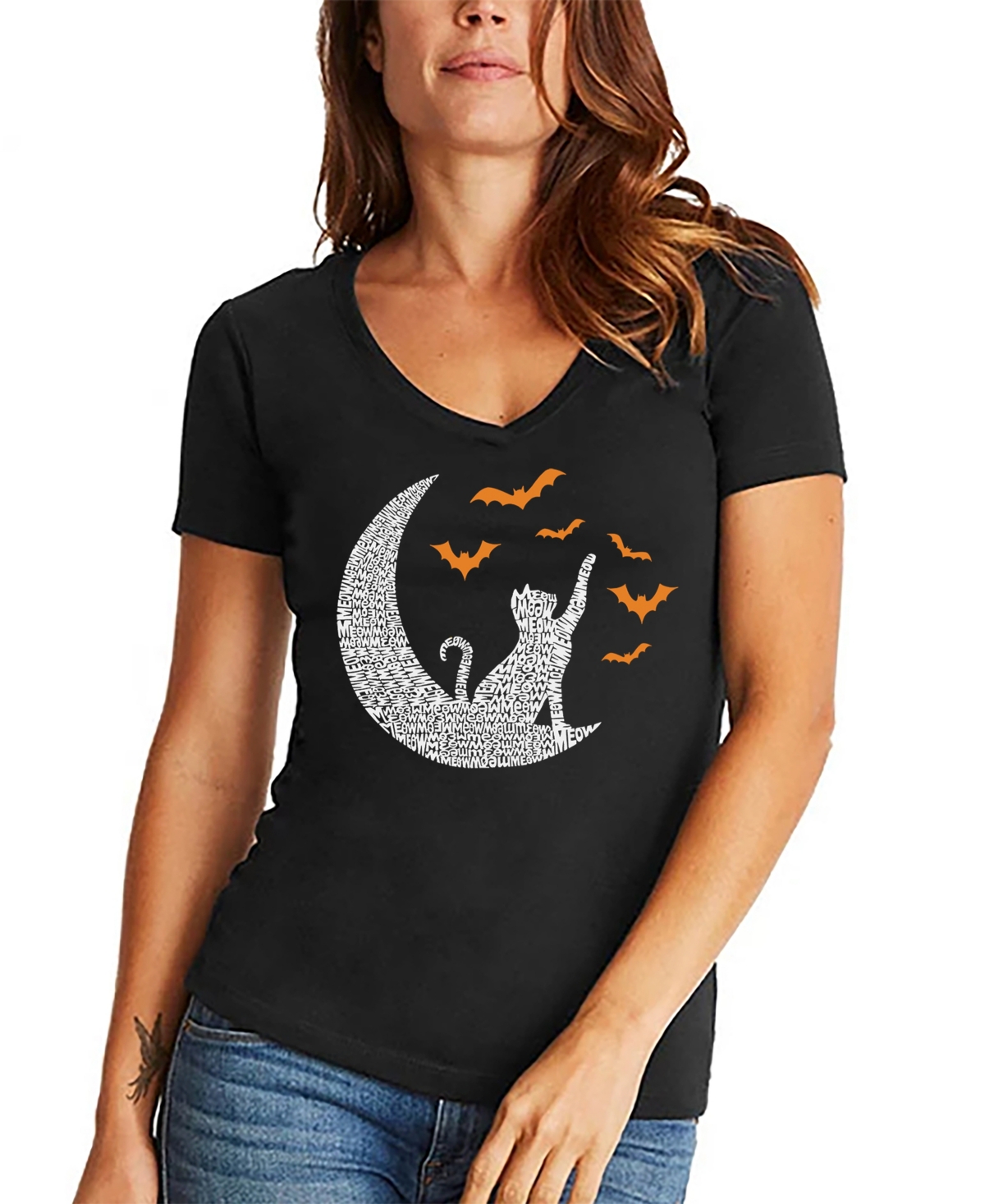 LA POP ART WOMEN'S LUNAR BATS WORD ART V-NECK T-SHIRT 
