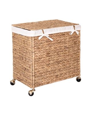 Natural Handwoven Lidded Laundry Hamper with Gold Sphere Casters