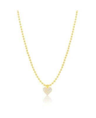 Yellow Gold Tone Puffed Heart Necklace with Beaded Ball Chain
