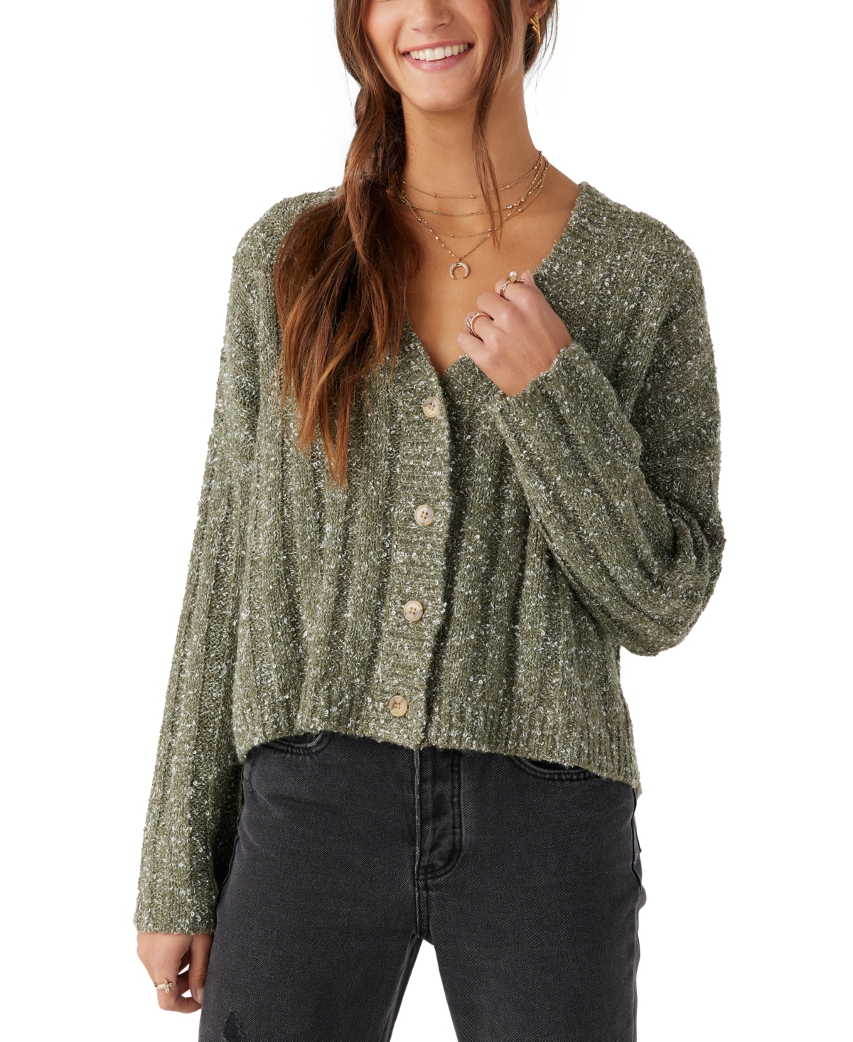 Juniors' Ferris V-Neck Ribbed Cardigan Sweater - Military Green