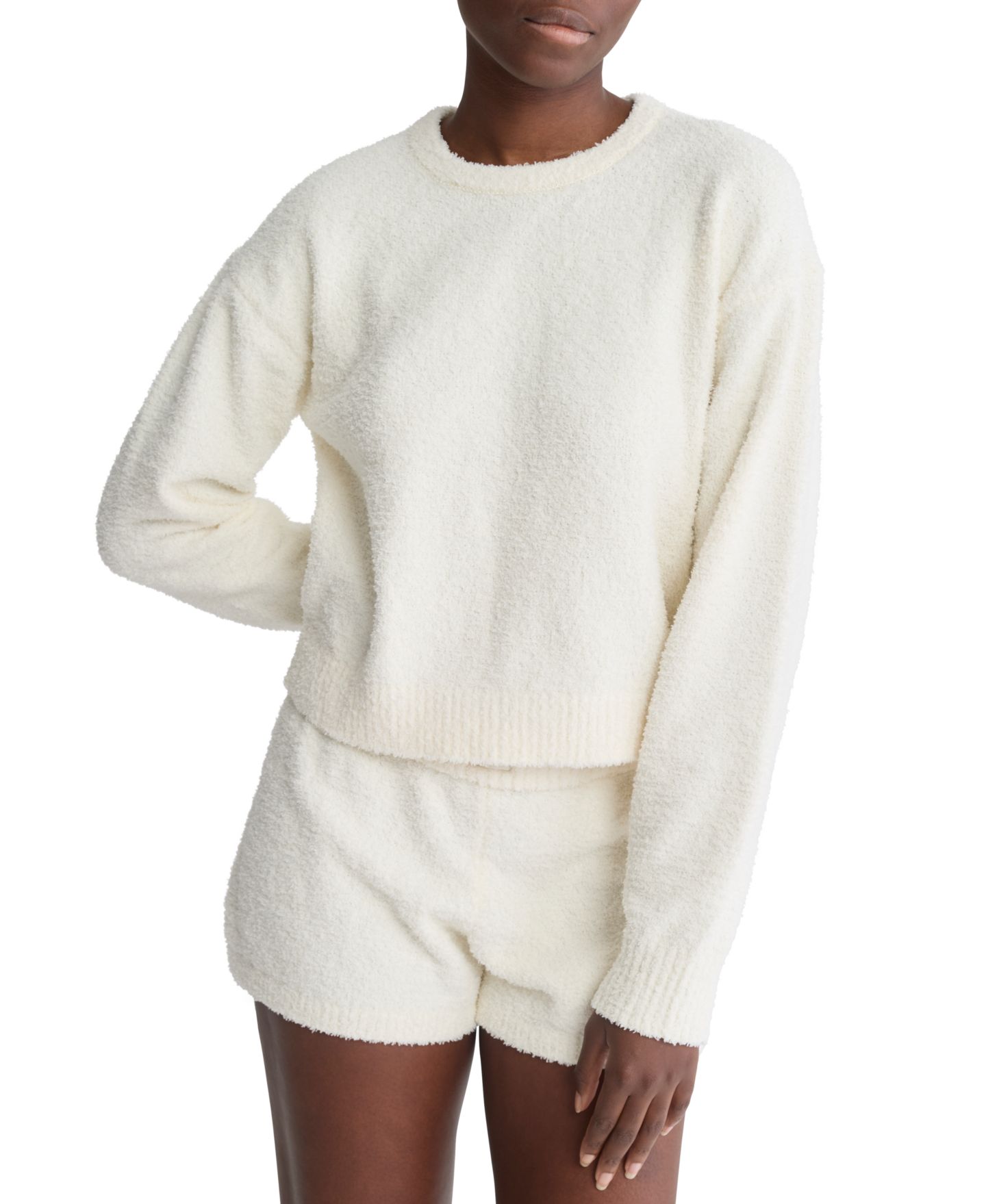 Женская толстовка Calvin Klein Cropped Plush Lounge Sweatshirt, цвет: Слоновая кость — фото 3