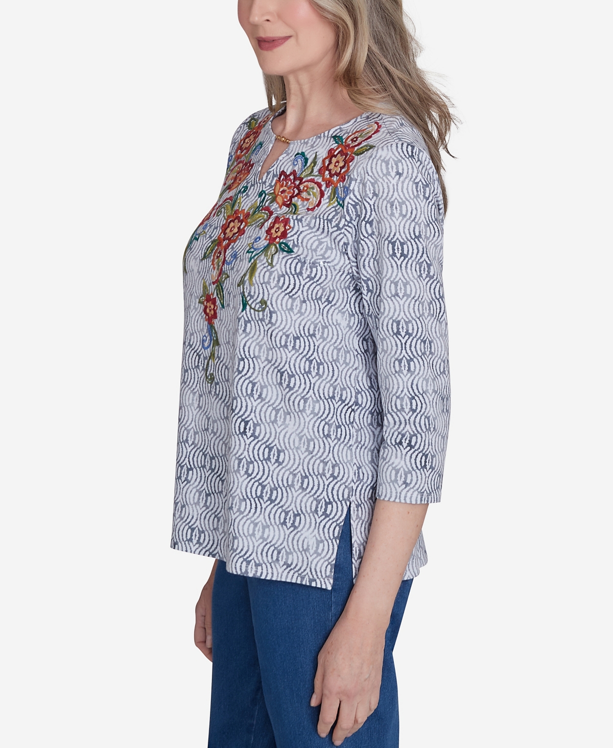 Alfred Dunner Harvest Moon Women's Textured Floral Embroidered Split Neck Top In Grey