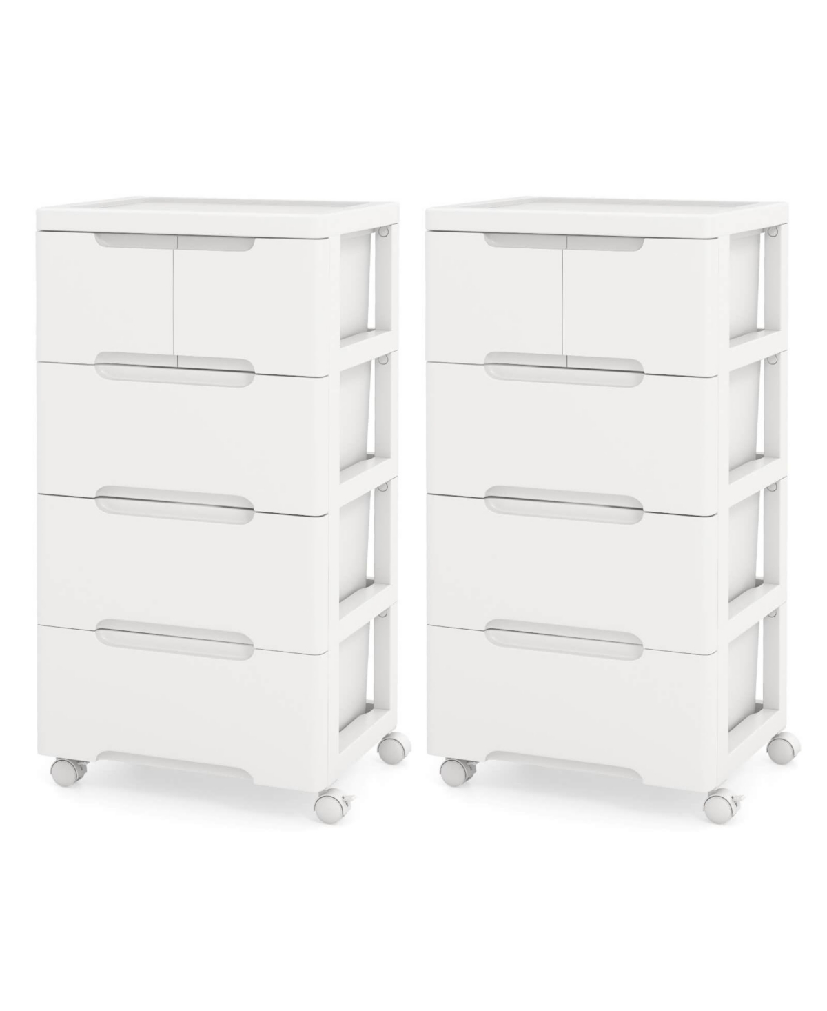 2 Pcs 5-Drawer Plastic Rolling Storage Cart with 4 Universal Wheels Dresser Cabinet - White