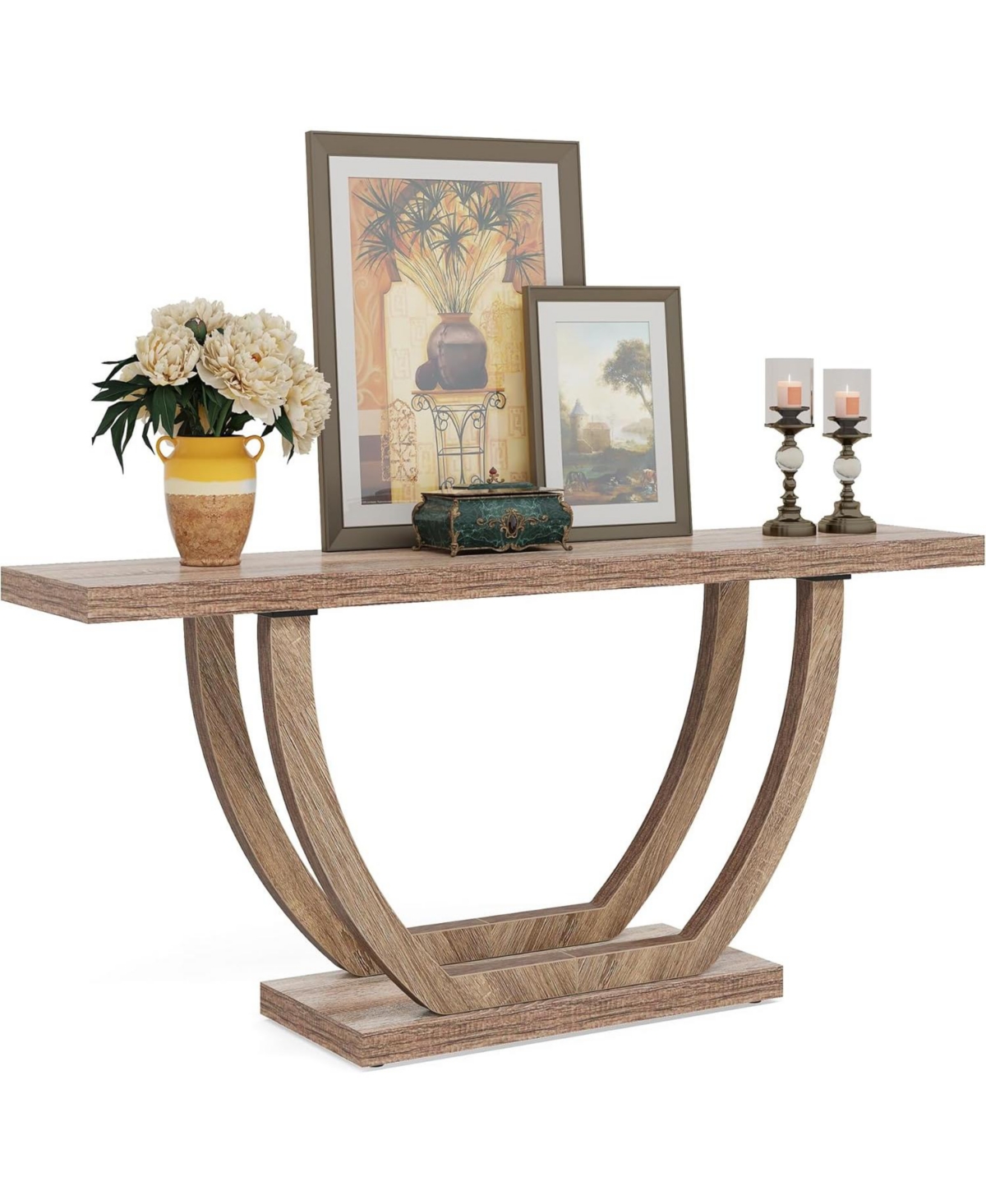 Tribesigns 63-Inch Wood Console Table with Geometric Base, 2-Tier Farmhouse Sofa Table Narrow Long, Thickened Behind Couch Table with Shelves for Livi