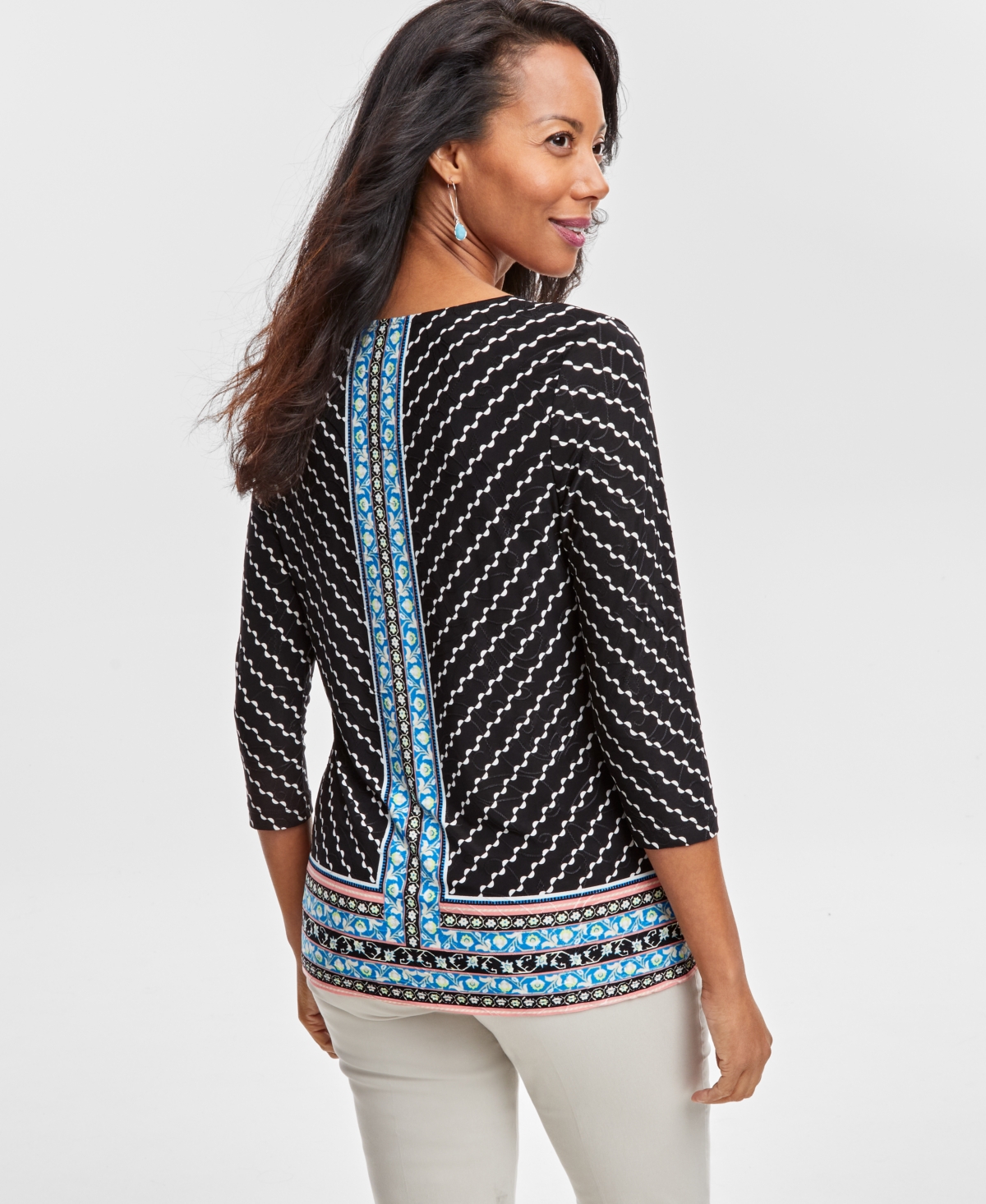 Jm Collection Women's Printed Jacquard Scoop-neck Top, Created For Macy's In Deep Black