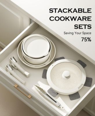 18-Piece Non-Stick Cookware Set with Silicone Tools, Detachable Handles, Space-Saving Design for All Stovetops