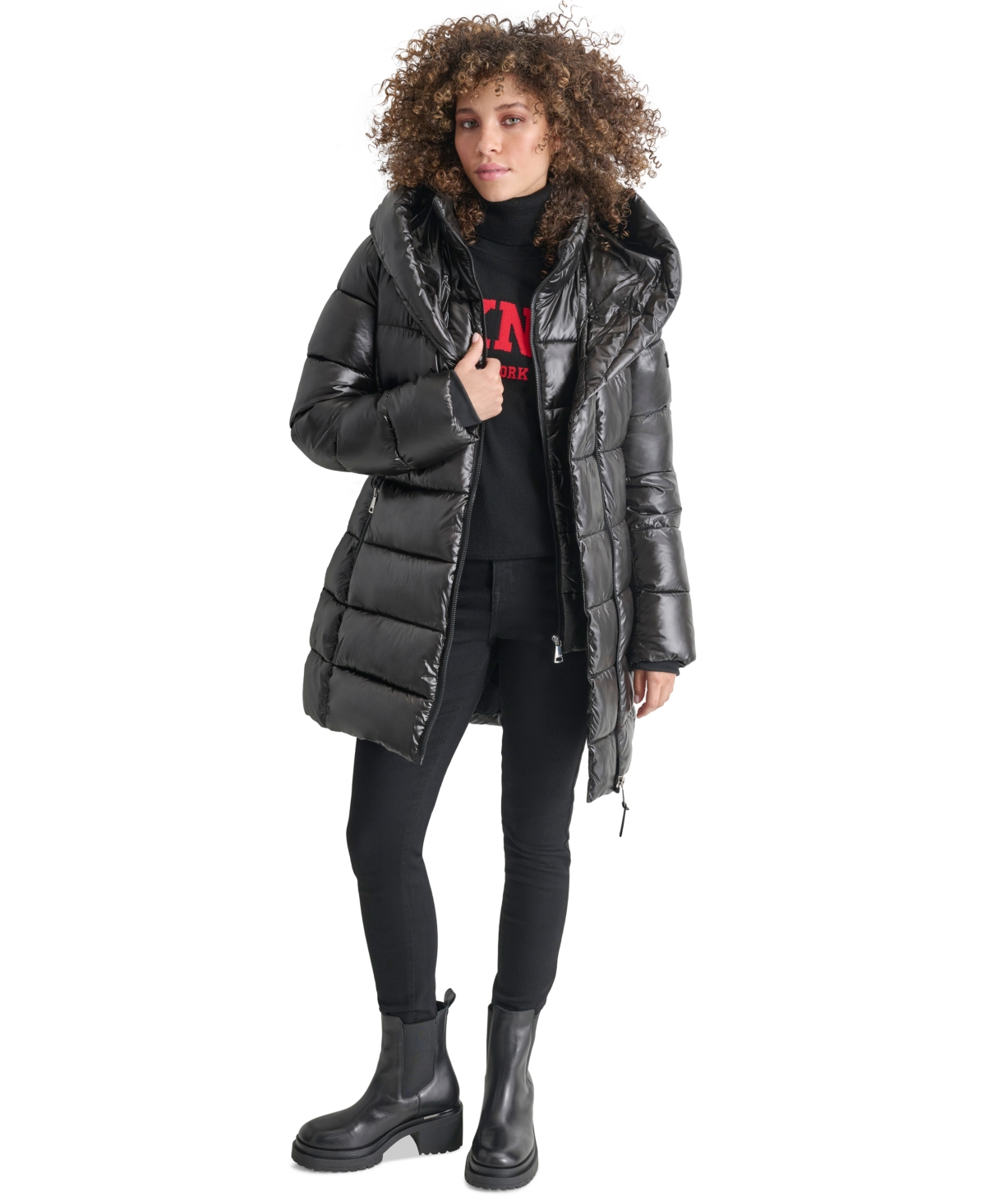 Women's Bibbed Shawl-Collar Packable Shine Puffer Coat - Black