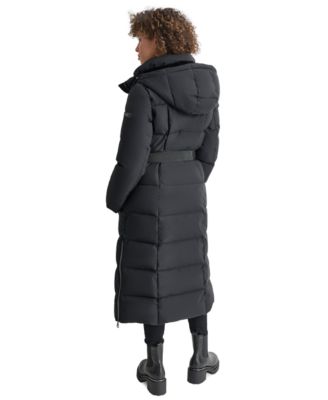 Womens Maxi Belted Hooded Puffer Coat